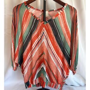 Ella Moss XS Dolman V-Neck Blouse Lightweight Flax Multicolor Stripe Summer Top